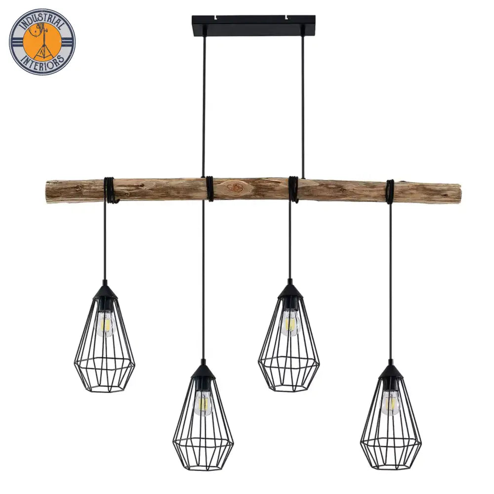 Industrial 4-Bulb Hanging Light With Wooden Beams