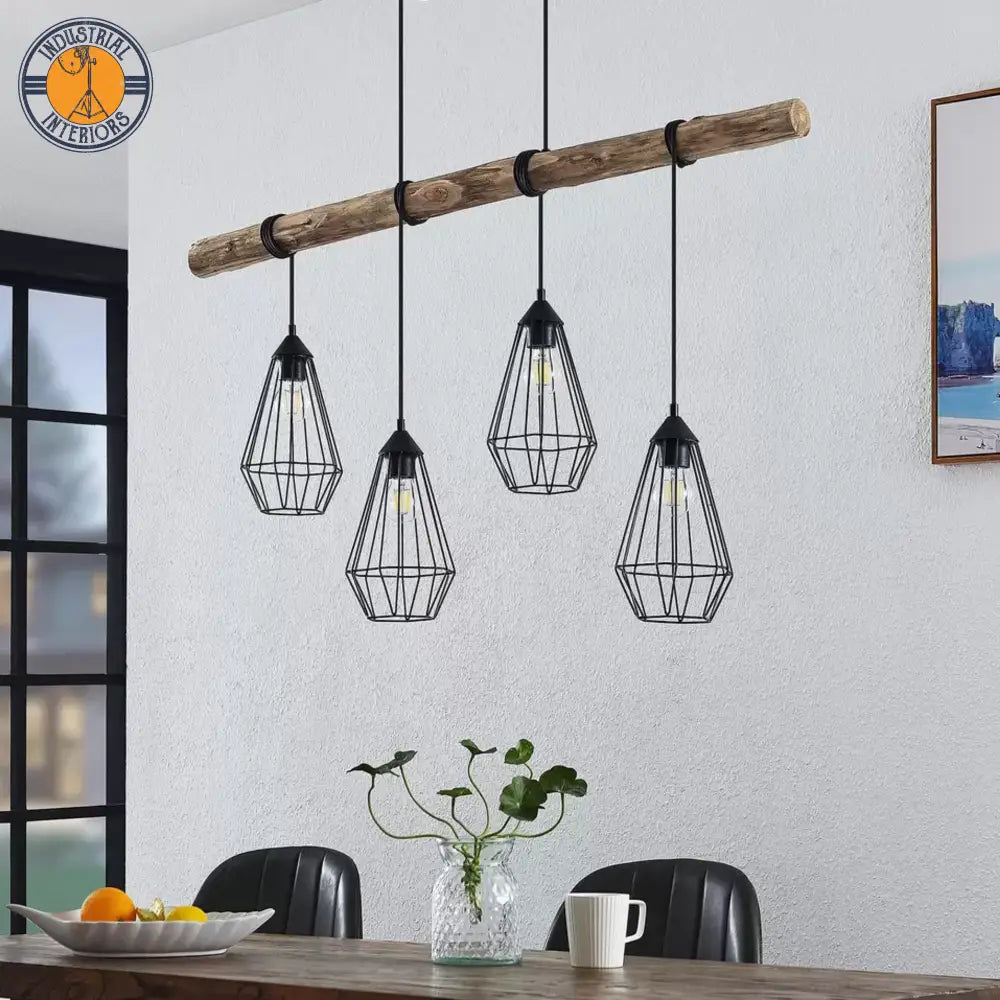 Industrial 4-Bulb Hanging Light With Wooden Beams