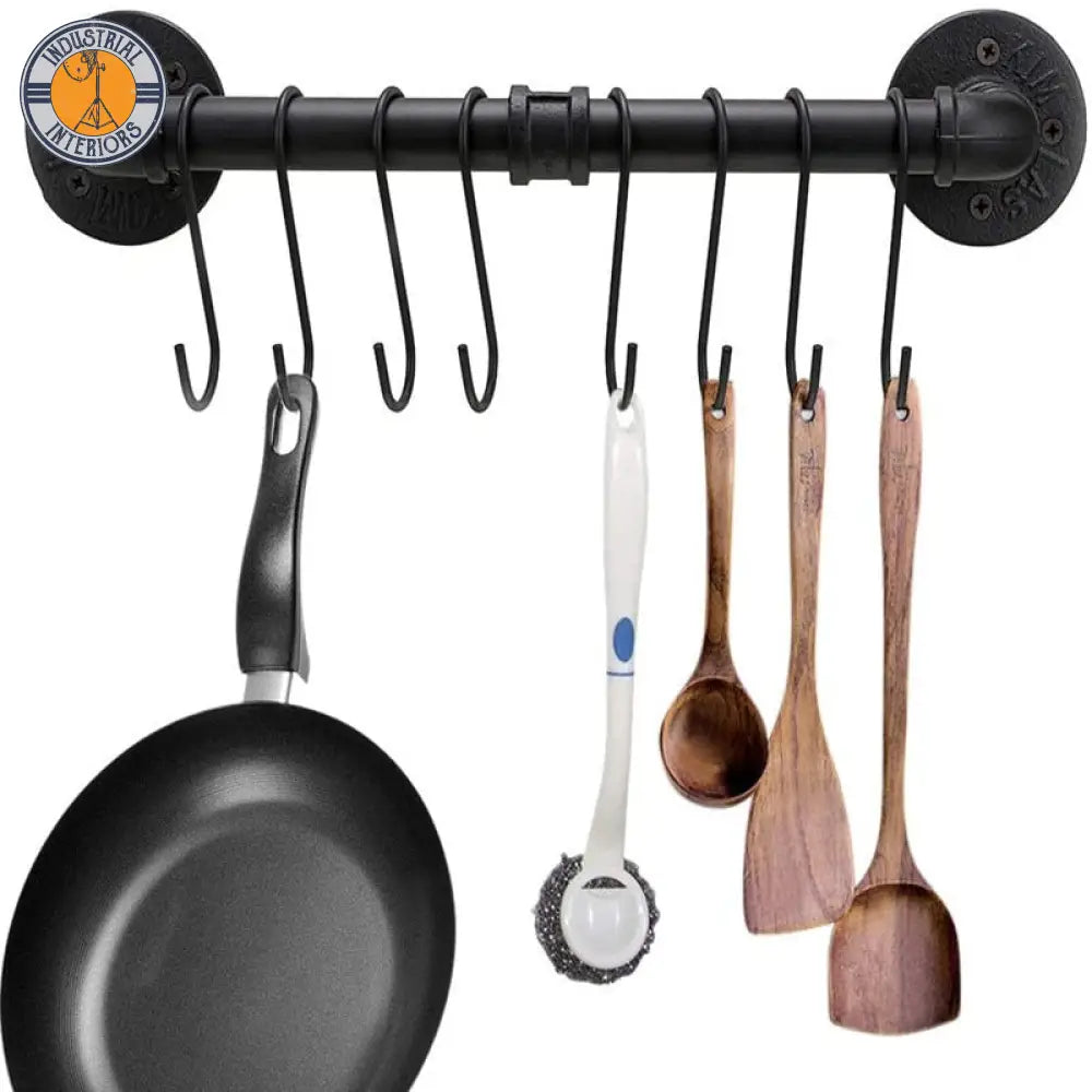 Industrial Style Hanging Pipe With Hooks Metal Wall Mounted Holders Black Kitchenware Holder