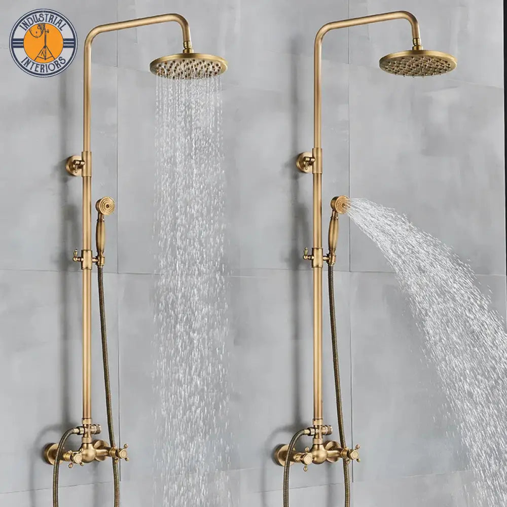 Antique Brass Shower Faucets Set Wall Mount