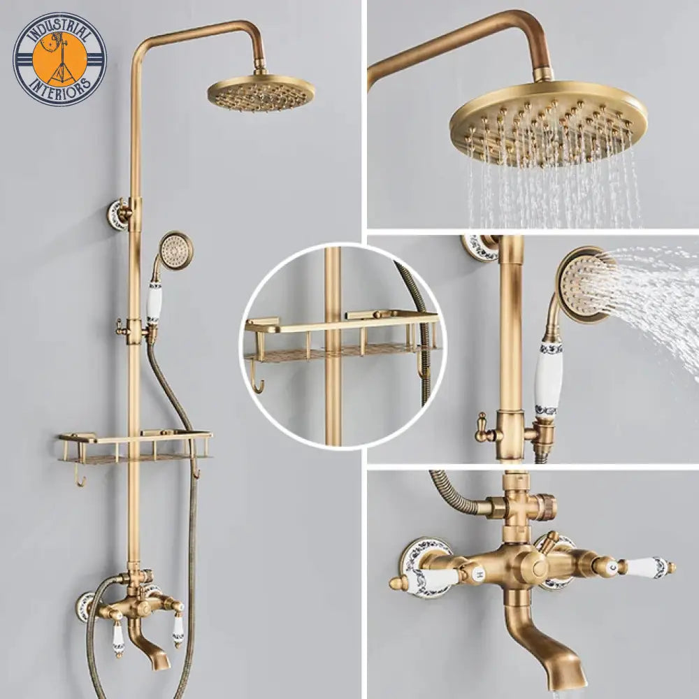 Antique Brass Shower Faucets Set Wall Mount