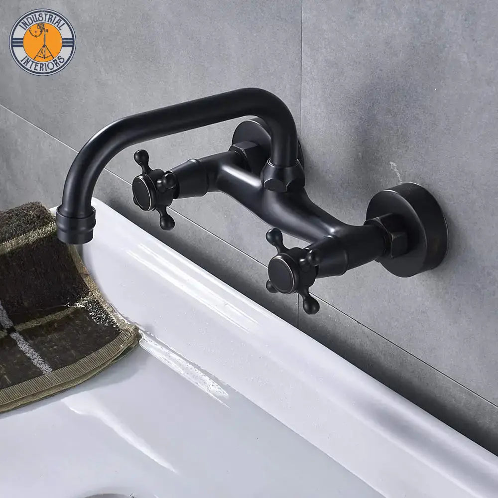 Dual Handle Mixer Tap Wall Mount Basin Faucets Matte Black 24 Cm