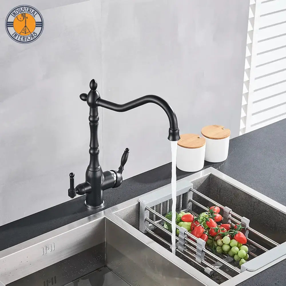 Matte Black Kitchen Sink Faucet Pure Water Filter Drink Mixer Tap Dual Handles Two Spout Bathroom