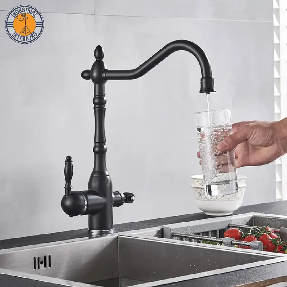 Matte Black Kitchen Sink Faucet Pure Water Filter Drink Mixer Tap Dual Handles Two Spout Bathroom