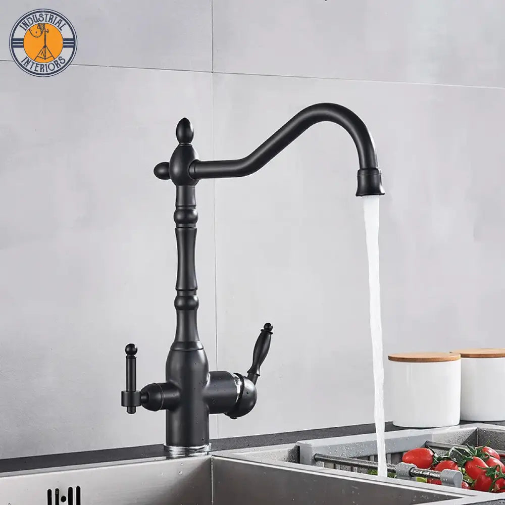 Matte Black Kitchen Sink Faucet Pure Water Filter Drink Mixer Tap Dual Handles Two Spout Bathroom