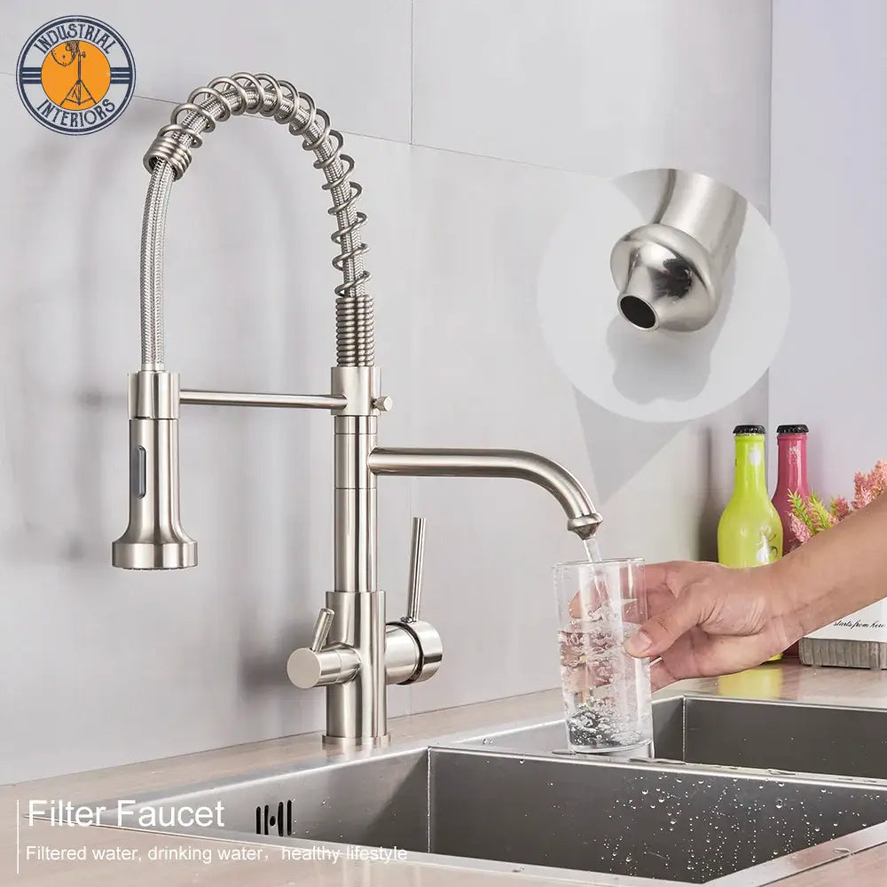 Brushed Pure Water Filter Kitchen Faucet Dual Handle Hot And Cold Drinking Pull Out Mixer Crane