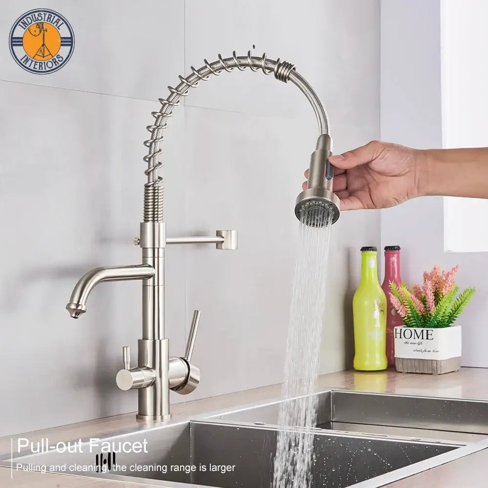 Brushed Pure Water Filter Kitchen Faucet Dual Handle Hot And Cold Drinking Pull Out Mixer Crane