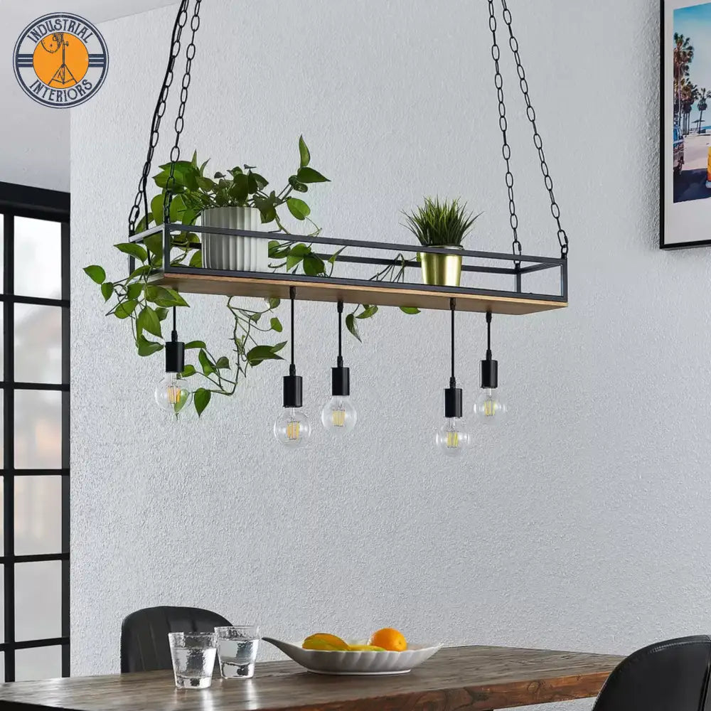 Industrial Five-Bulb Wooden Pendant Light