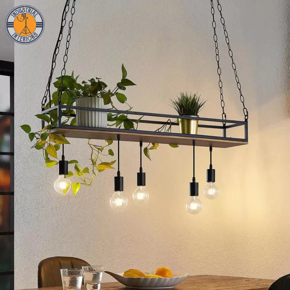 Industrial Five-Bulb Wooden Pendant Light