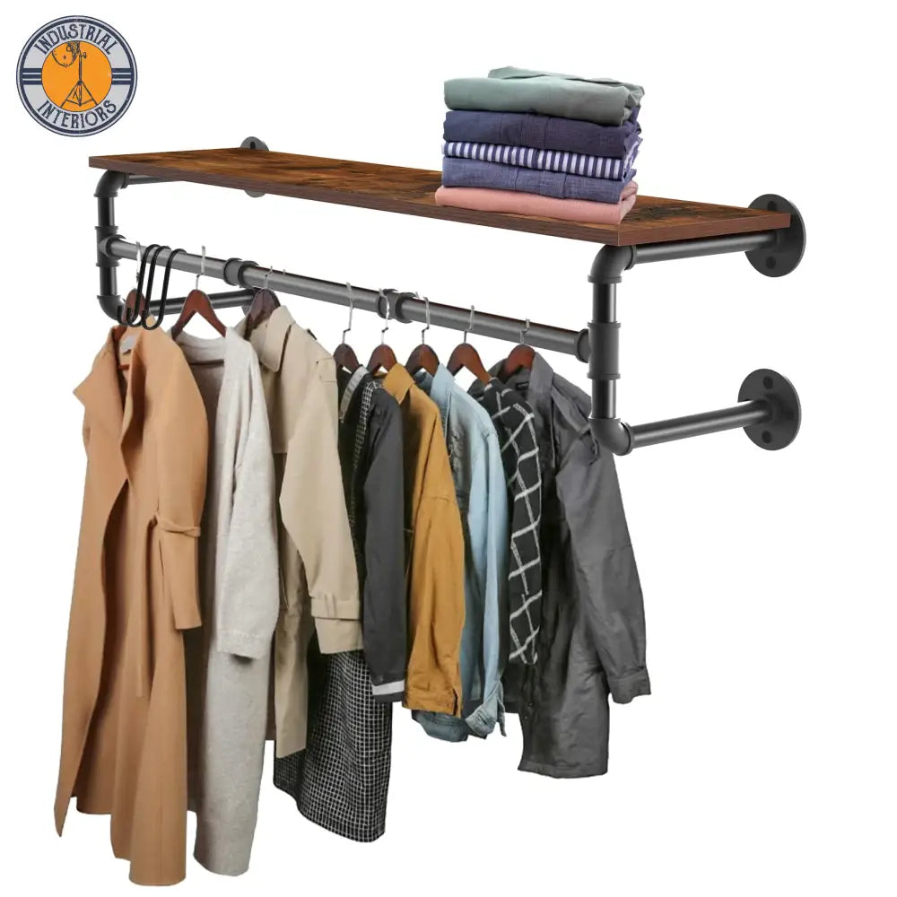 Industrial Pipe Clothing Rack Wall Mounted Wood Shelf Display Brown Black Hangers