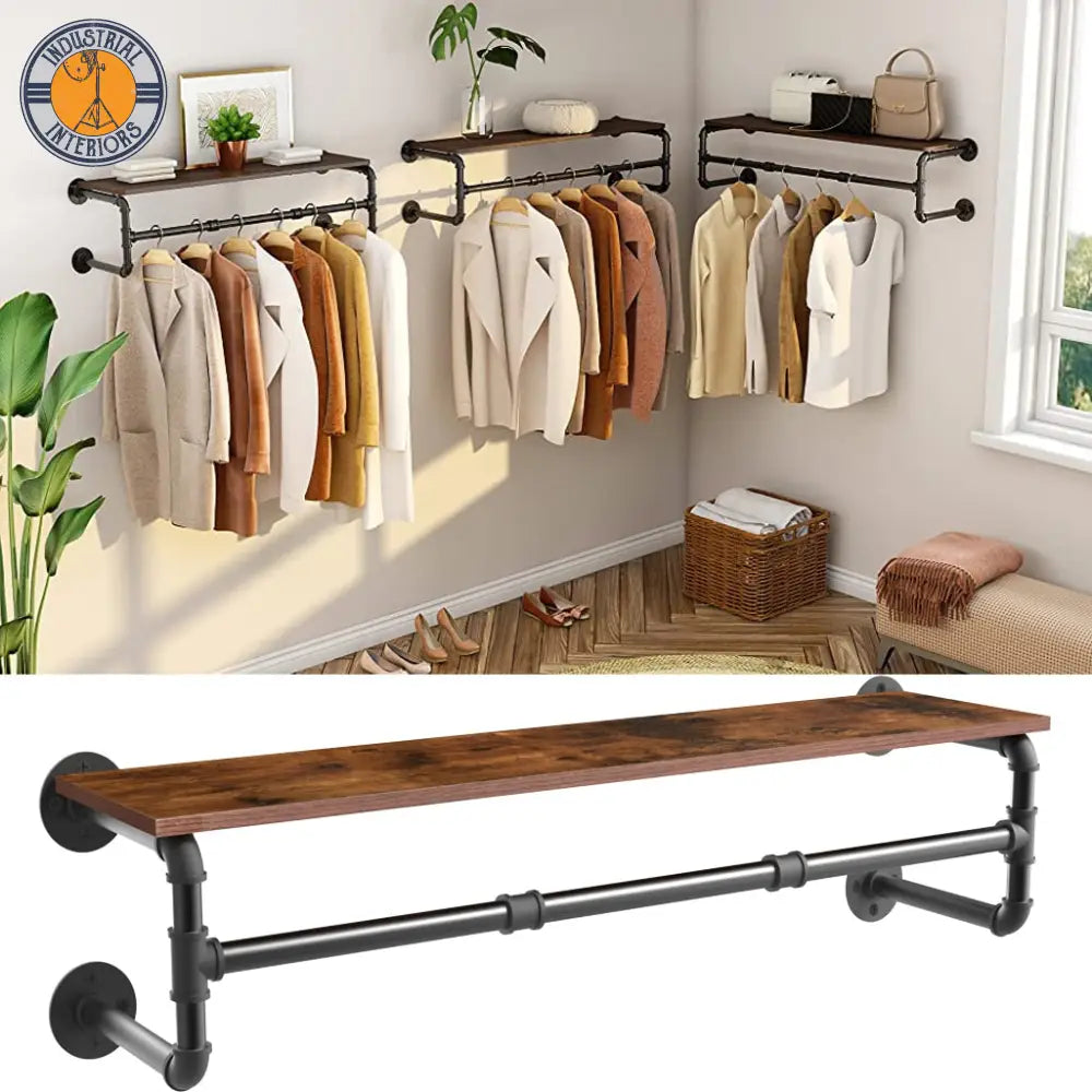 Industrial Pipe Clothing Rack Wall Mounted Wood Shelf Display Hangers