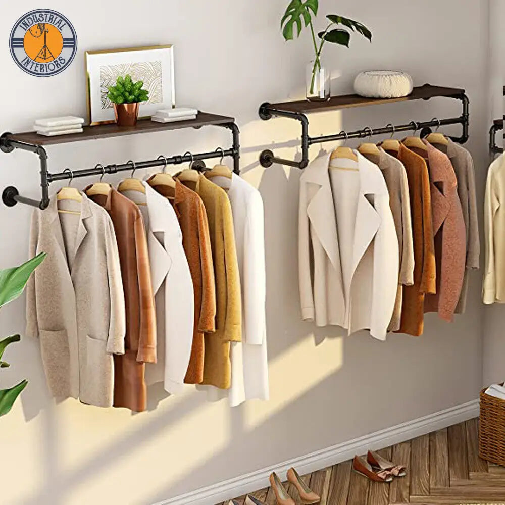 Industrial Pipe Clothing Rack Wall Mounted Wood Shelf Display Hangers