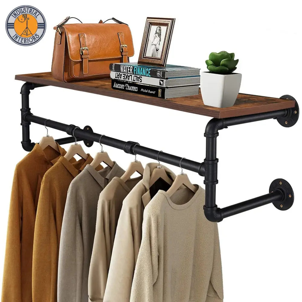 Industrial Pipe Clothing Rack Wall Mounted Wood Shelf Display Hangers