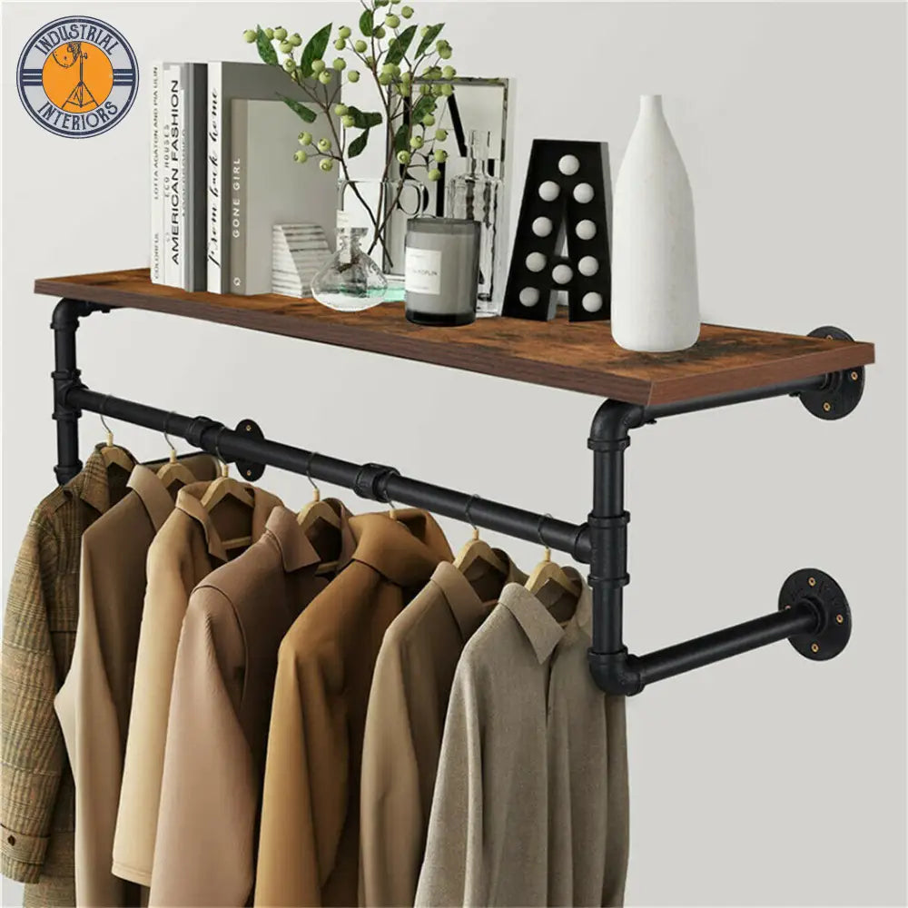 Industrial Pipe Clothing Rack Wall Mounted Wood Shelf Display Hangers