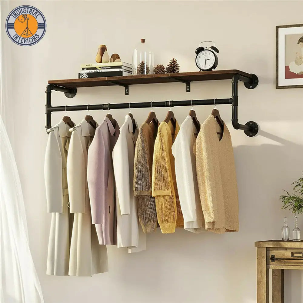 Industrial Pipe Clothing Rack Wall Mounted Wood Shelf Display Hangers