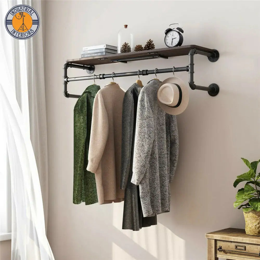 Industrial Pipe Clothing Rack Wall Mounted Wood Shelf Display Hangers