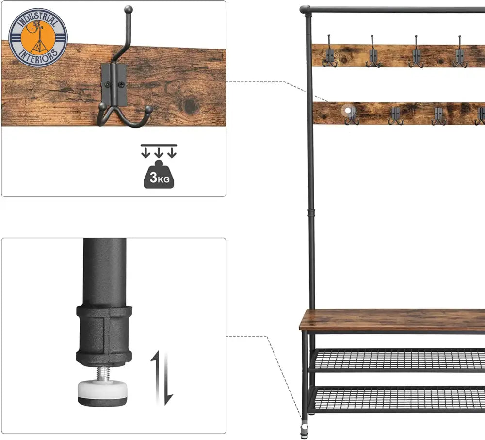 Industrial Style Coat Rack Stand Large Tree With 9 Hooks And Shoe