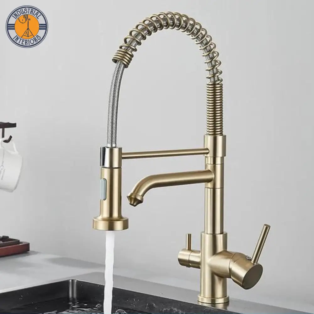 Matte Black Kitchen Filtered Faucet 360 Rotation Mixer Type A-Brush Gold