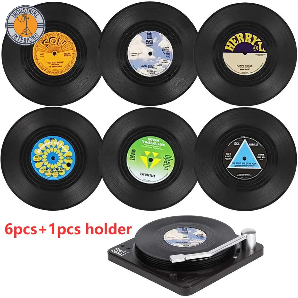 Set Of 6 Vinyl Retro Record Disk Coasters For Drinks 6Pcs With Holder-1 Kitchen