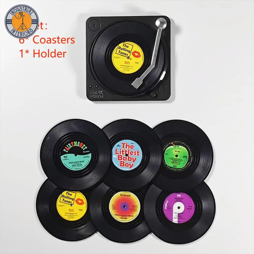 Set Of 6 Vinyl Retro Record Disk Coasters For Drinks 6Pcs With Holder Kitchen