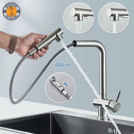 Brushed Nickel Pull Out Kitchen Sink Faucet High Pressure Two Model Stream Sprayer Nozzle Stainless